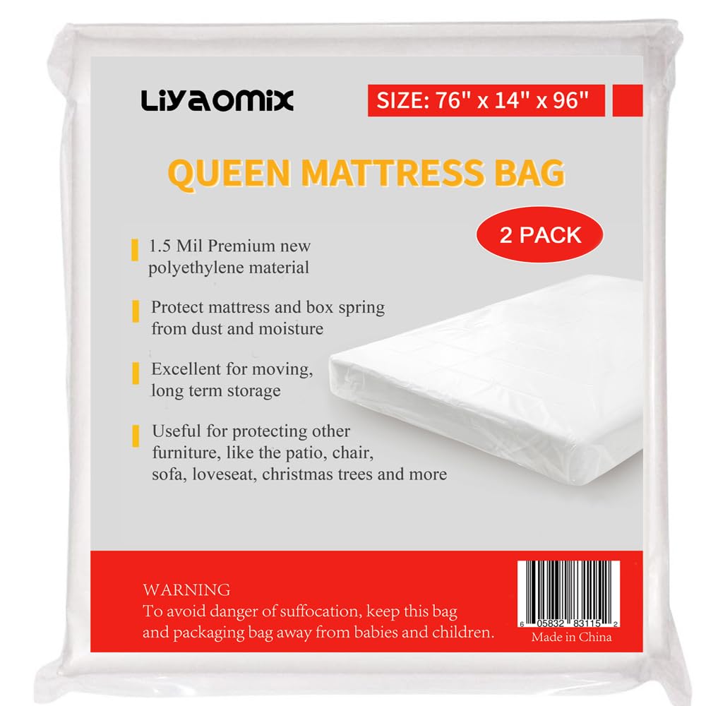 Liyaomix 2 Pack Queen Mattress Bags for Moving Storage, 1.5 Mil 76" x 96" Clear Waterproof Plastic Mattress Bag Cover, Disposal Mattress Protector for Queen Size