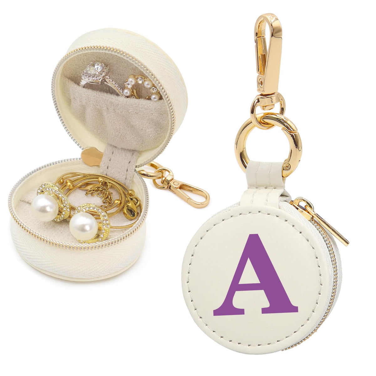 Mini Initial Travel Jewelry Case Ring Holder, Beige Faux Leather Small Jewelry Organizer Box Gifts for Women Girls Nurse Teacher, Gym Travel Accessories Keychain Pouch for Earrings Rings Necklace A