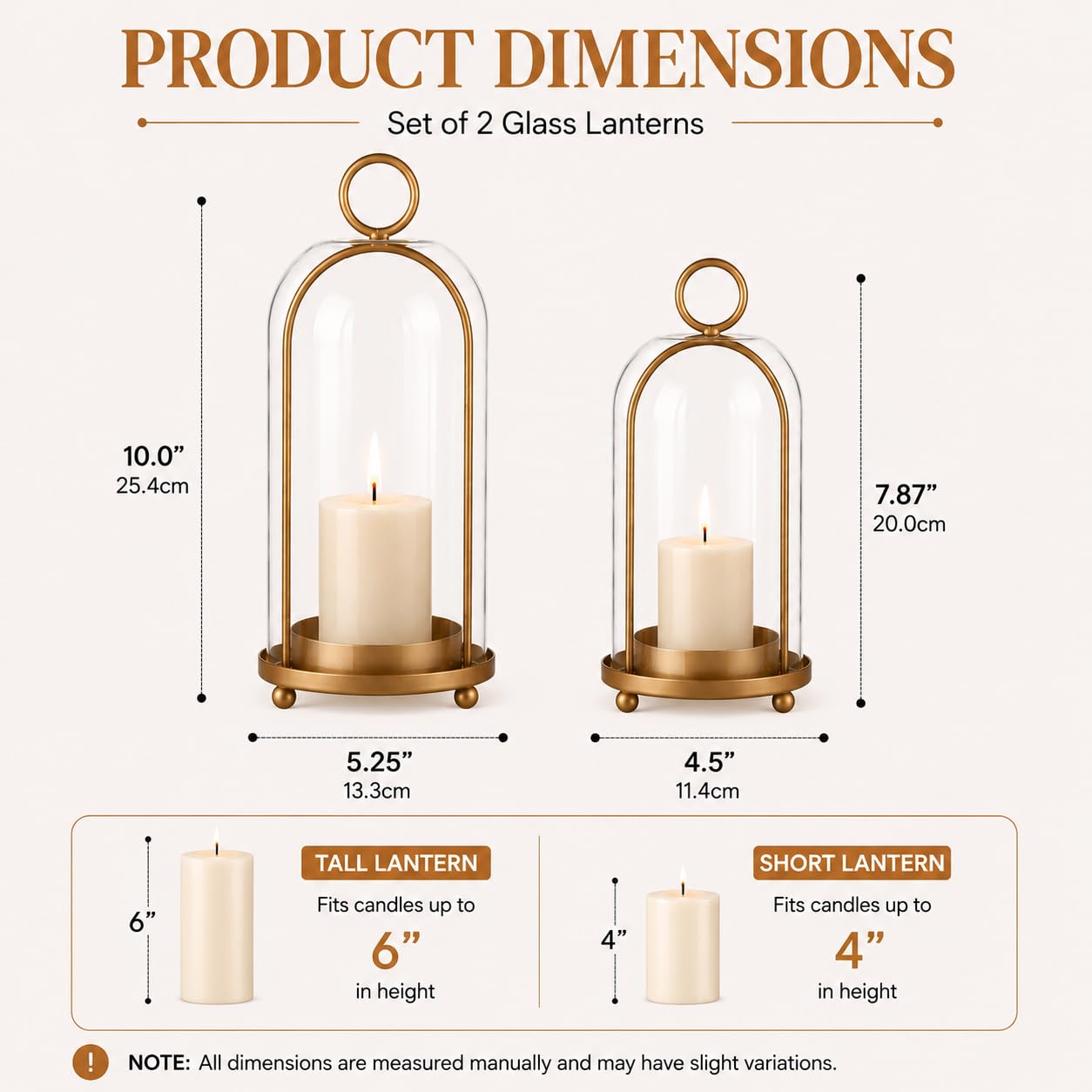 GYKLE Set of 2 Candle Lantern Set - Vintage Brass Candle Holders with Thick Glass Domes (5.25"x10" & 4.5"x7.87"), Perfect for Pillar Candles, Floral Arrangements, and Vintage Home Accents