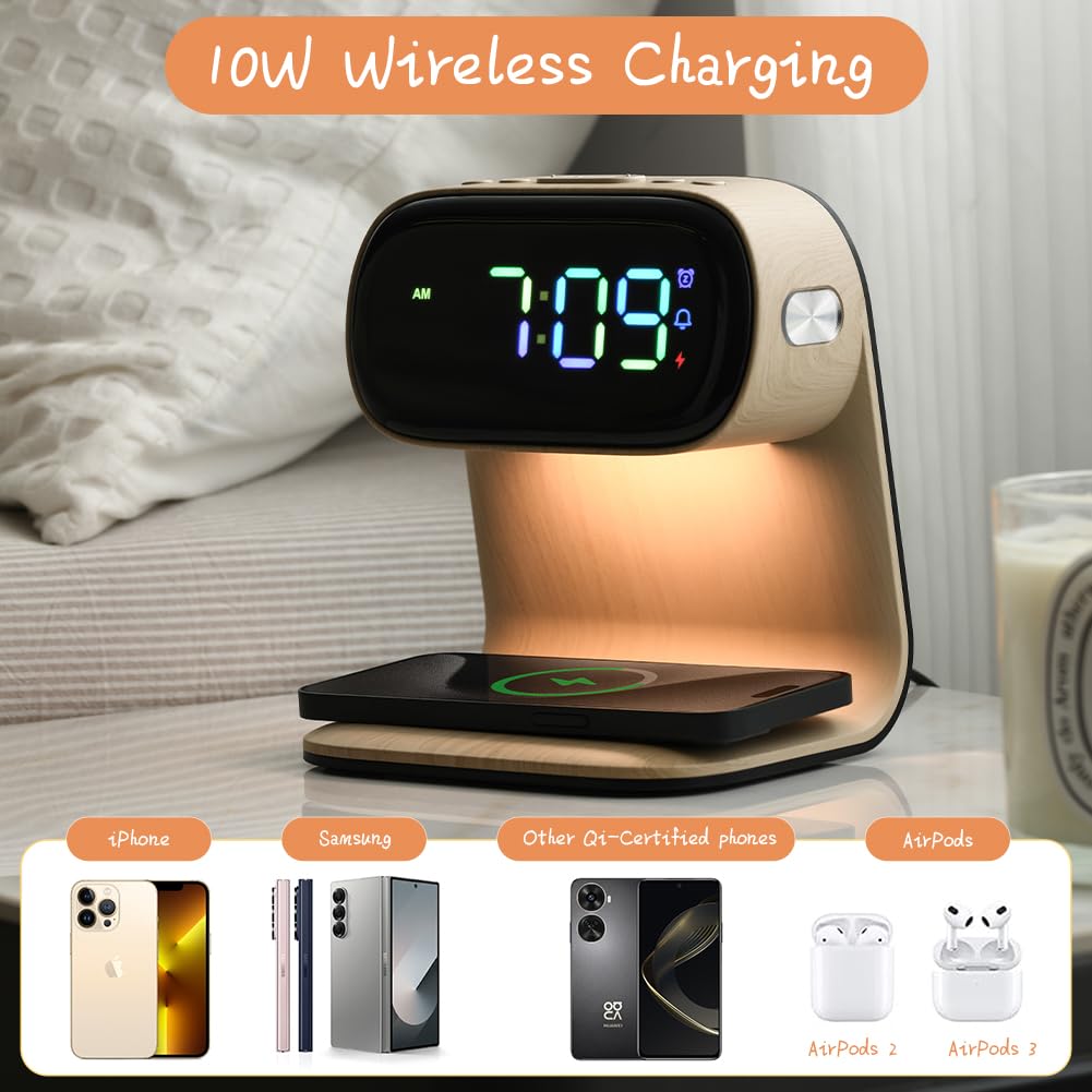 WILIT Digital Alarm Clock with Wireless Charging for Bedroom,Colorful LED Display,Dimmable Night Light with Snooze Function,Modern Bedsides Lamp Clock for Bedroom,Kids,Teens,Gift for Men, Women(Wood)