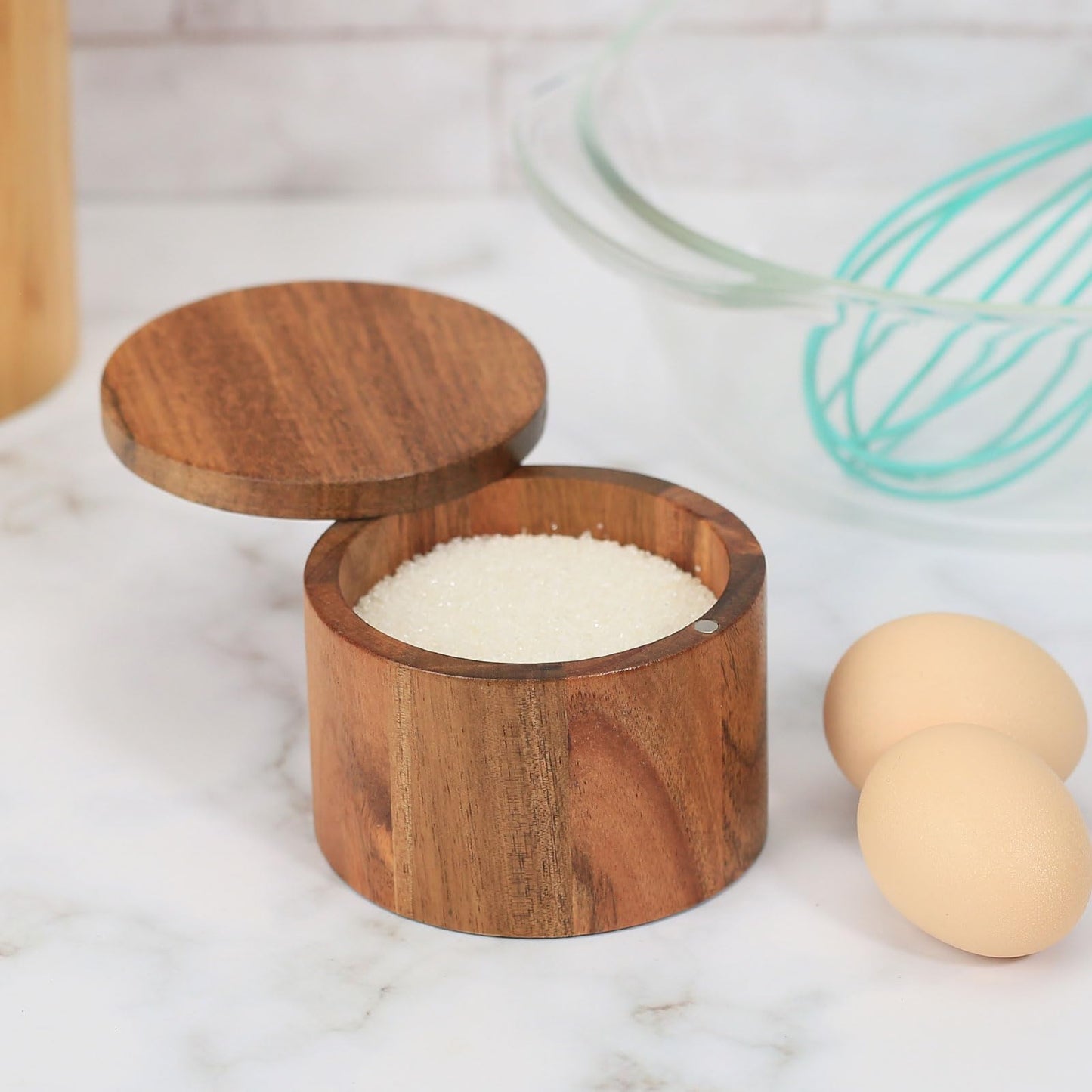 MeowAroma Salt Cellar with Lid, 1 Cup Acacia Wood Salt Container with Swivel Cover for Spice/Herbs/Seasonings, Wooden Salt Holder Box for Charcuterie/Kitchen, 8.5 oz
