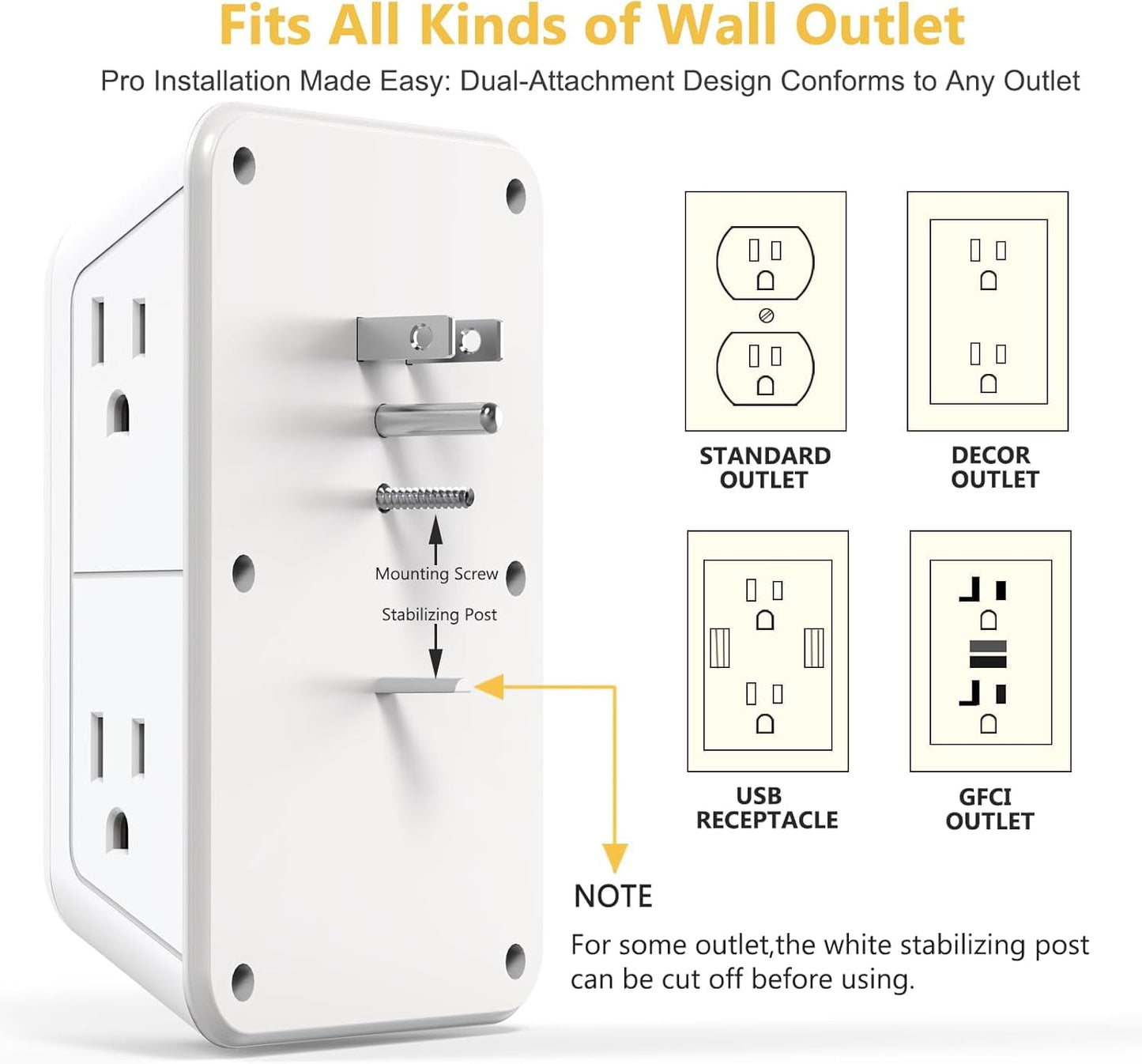 Wall Outlet Extender with Night Light, Power Plug Adapter 6 Outlet Extender with 4 USB Charging Ports 1050J Power Strip Multi Plug Adapter Spaced for Home Travel Office (2U2C)