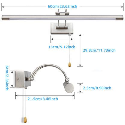 MantoLite 60CM LED Bathroom Wall Lights with Pull Cord Swivel Lamp Head Long Silver Wall Lights for Pictures,Frames&Art Painting IP44 Over Mirror Lamp for Shaving 12W