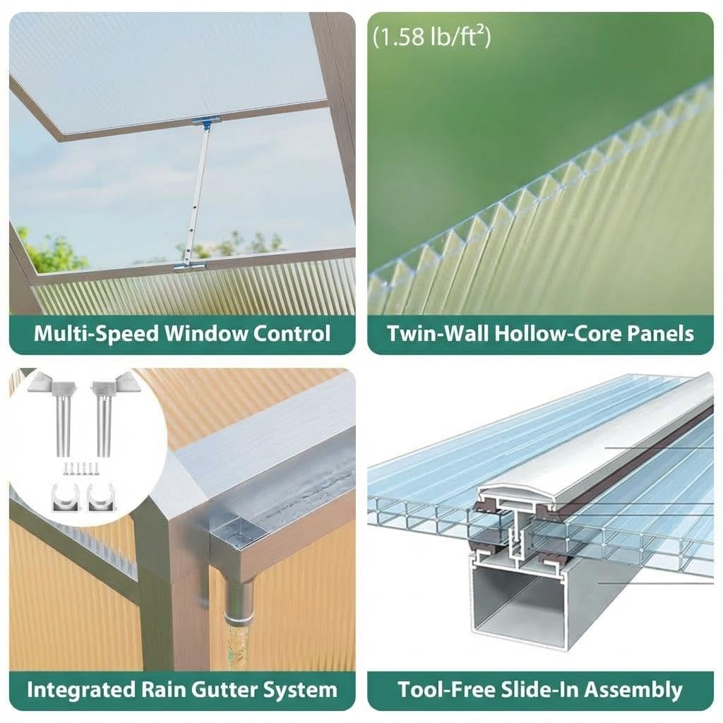 6x8 ft Greenhouse, Polycarbonate Walk-in Greenhouse for Outside with Roof Vent & Lockable Smooth-Gliding Sliding Door, Heavy-Duty Aluminum Green House for Garden, Backyard, Patio, Lawn, Sliver