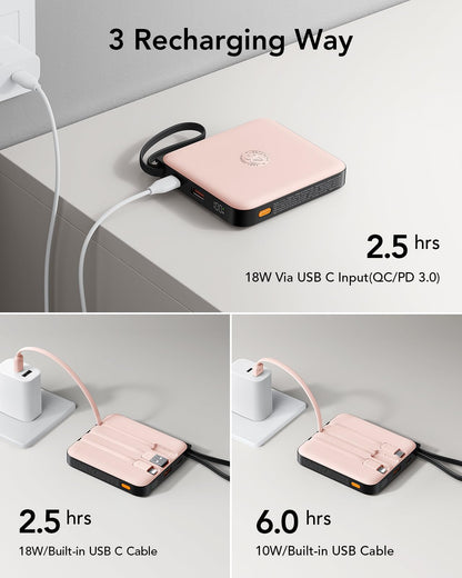 VRURC Portable Charger for iPhone Built-in Cables, 22.5W USB C Fast Charging 10000mAh Pocket Power Bank, Battery Pack for iPhone 17 16 & Samsung Galaxy S26 S25 etc Android, Pink(1 Pack)