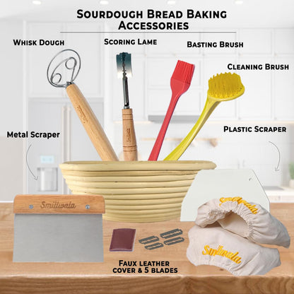 Banneton Bread Proofing Basket 9” Round with Maximum 6 Bread Making Tools and Supplies by SMILLWALA Proofing Baskets for Sourdough Bread Baking Supplies Kit, Gift for Bakers, Natural