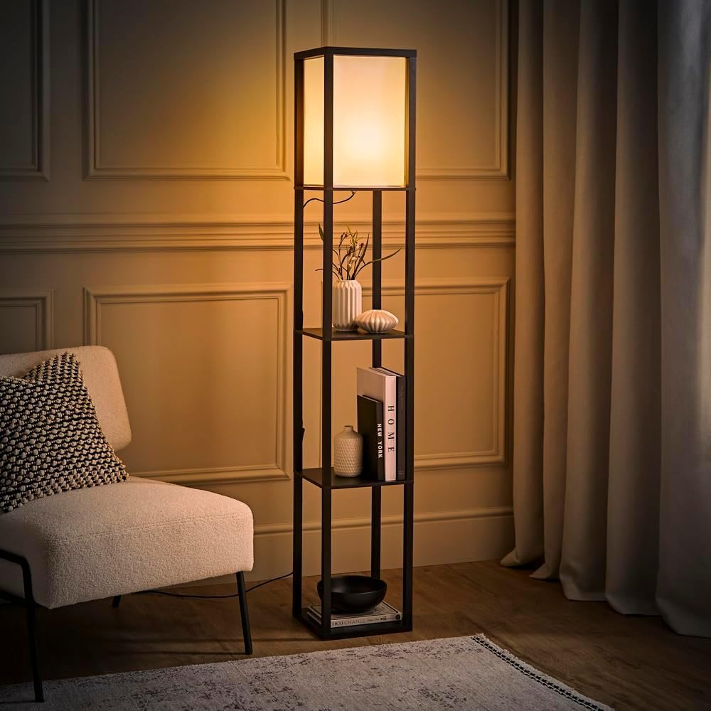 MiniSun | Black Wooden Floor Lamp with Shelves | Floor Lamps & Torchieres, Home Décor & Improvement Essential | Includes 10W GLS Bulb [3000K Warm White]
