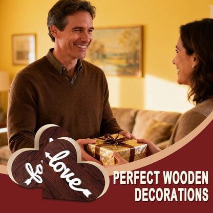 DOODLREAM 1 Pair Wooden Hearts Table Decor, Family Love 6.2 x 5.9 x 0.47 inch Wooden Sign for Desk, Rustic Brown Centerpiece Tabletop Decorations for Home, Wood Desk Sign