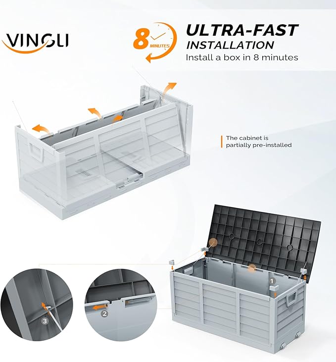 VINGLI 75 Gallon Collapsible Outdoor Storage Box, Simple-to-assemble Plastic Storage Containers with Lid, Patio Deck Box Furniture for Garden, Pool, Balcony, Yard (Black)