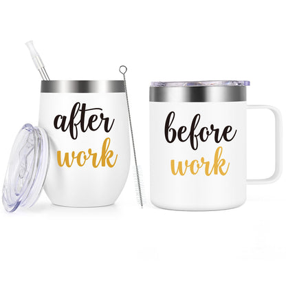 Gtmileo Before Work After Work Gift Set, Christmas Office Work Gifts for Coworker Employee Female Boss Lady Women Men Friends Manger Leader, 12oz Stainless Steel Insulated Coffee Mug Wine Tumbler Set