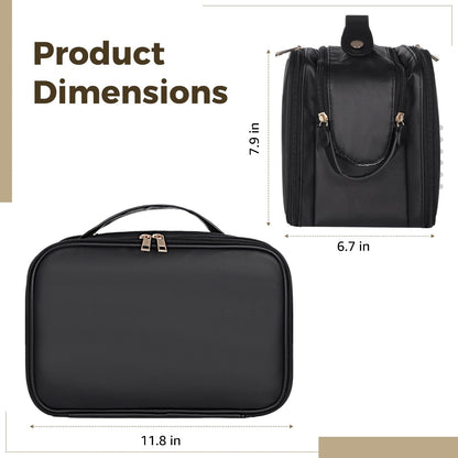 DORMIYA Black Travel Makeup Bag for Women - Large Capacity Cosmetic Organizer, Multi-Layer Toiletry Bag with Handle, Waterproof PU Leather Portable Makeup Zippered Case with Standing Brush Holder