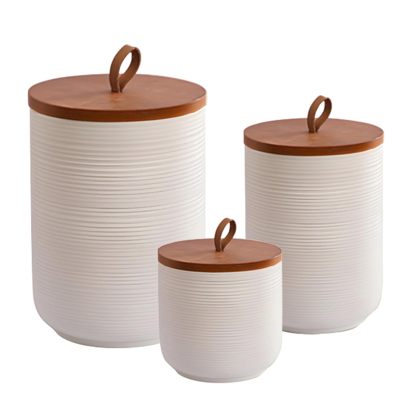 Food Storage Jar Strong Ceramic Storage Canisters with Airtight Wooden Lid,Kitchen Storage Containers for Serving Coffee Beans, Tea, Sugar, Salt, Spices (White three-piece suit)