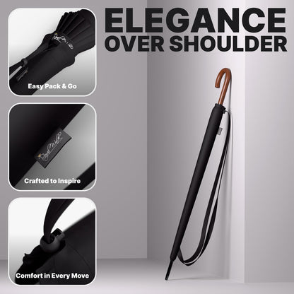 Royal Walk Windproof Umbrella Black Large 54 Inch Automatic Open for 2 Persons Stormproof for Men Women Classic Wooden Handle Lightweight Waterproof Durable Strong 16 Ribs Travel Golf Unisex 120cm