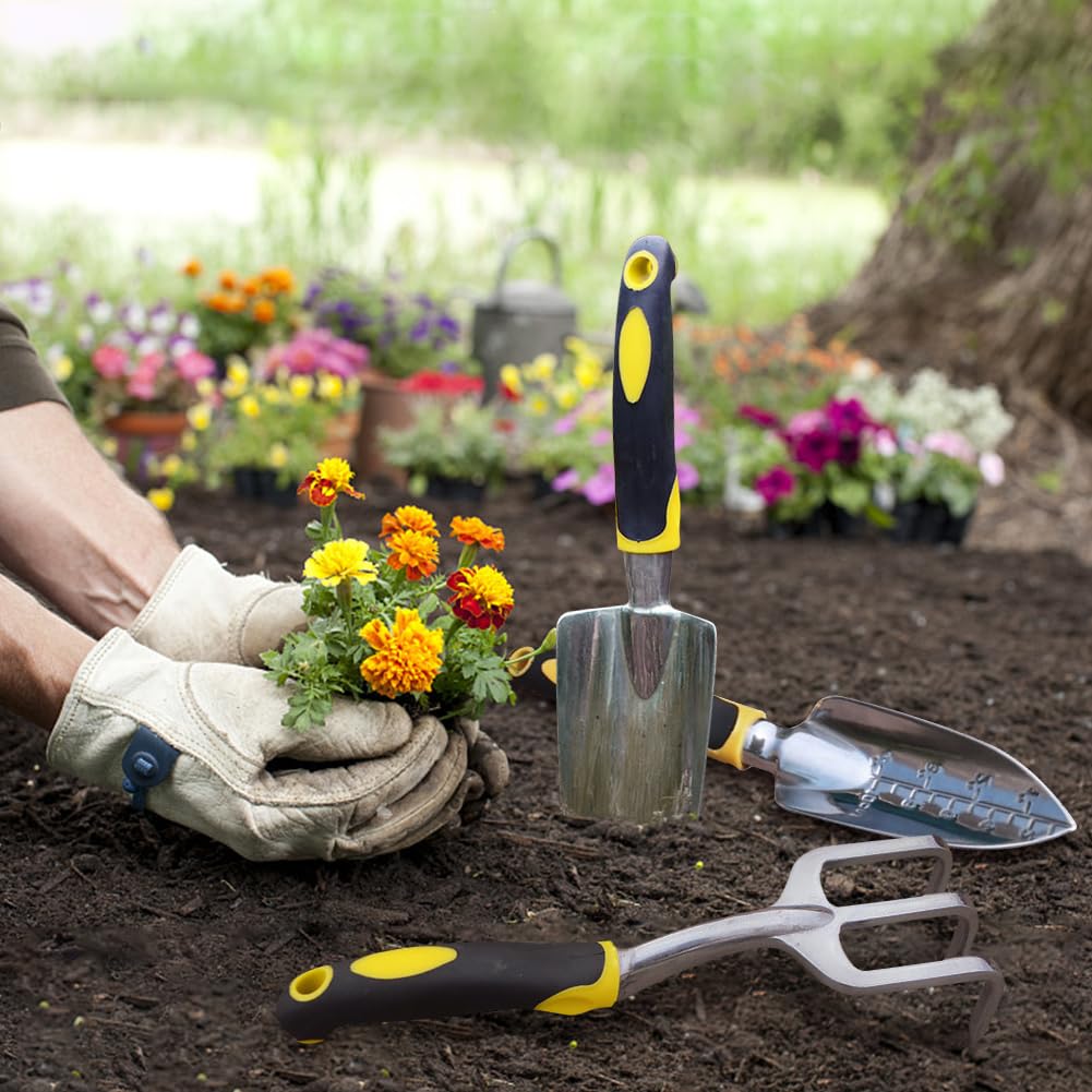 Garden Tool Set 3 Piece Aluminum Gardening Tools Kit with Rake,Shovel&Graduated shovel .Garden Trowel & Hand Wide Shovel Pointed with Soft Rubberized Non-Slip Ergonomic Handle for Planting(Yellow)