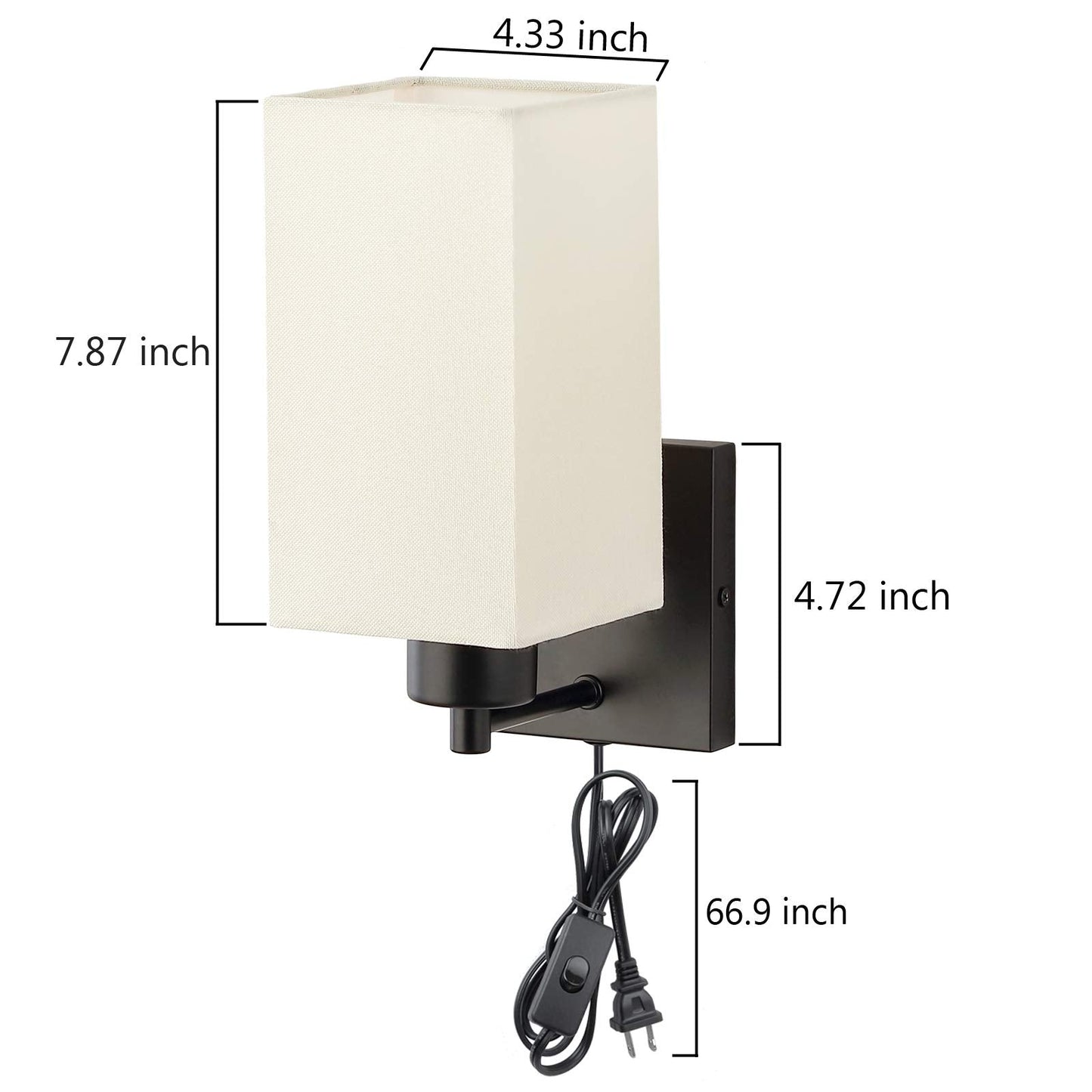 KOONTING® Plug in Wall Sconce Set of 2, Rustic Wall Lamp with Plug-in Cord and On/Off Toggle Switch, Beige Fabric Shade Wall Light Fixture for Headboard Bedroom Living Room Hallway