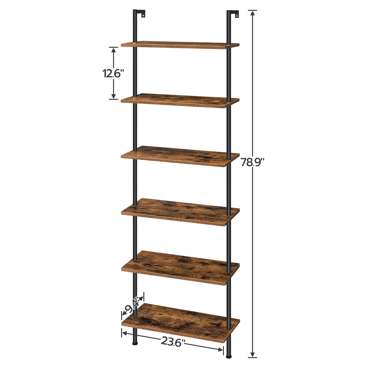 HOOBRO DIY Ladder Shelf, 6-Tier Wall Mounted Bookshelf, Office Vertical Bookcase, Wooden Storage Shelves for Home Office, Bedroom, Rustic Brown and Black BF65CJ01