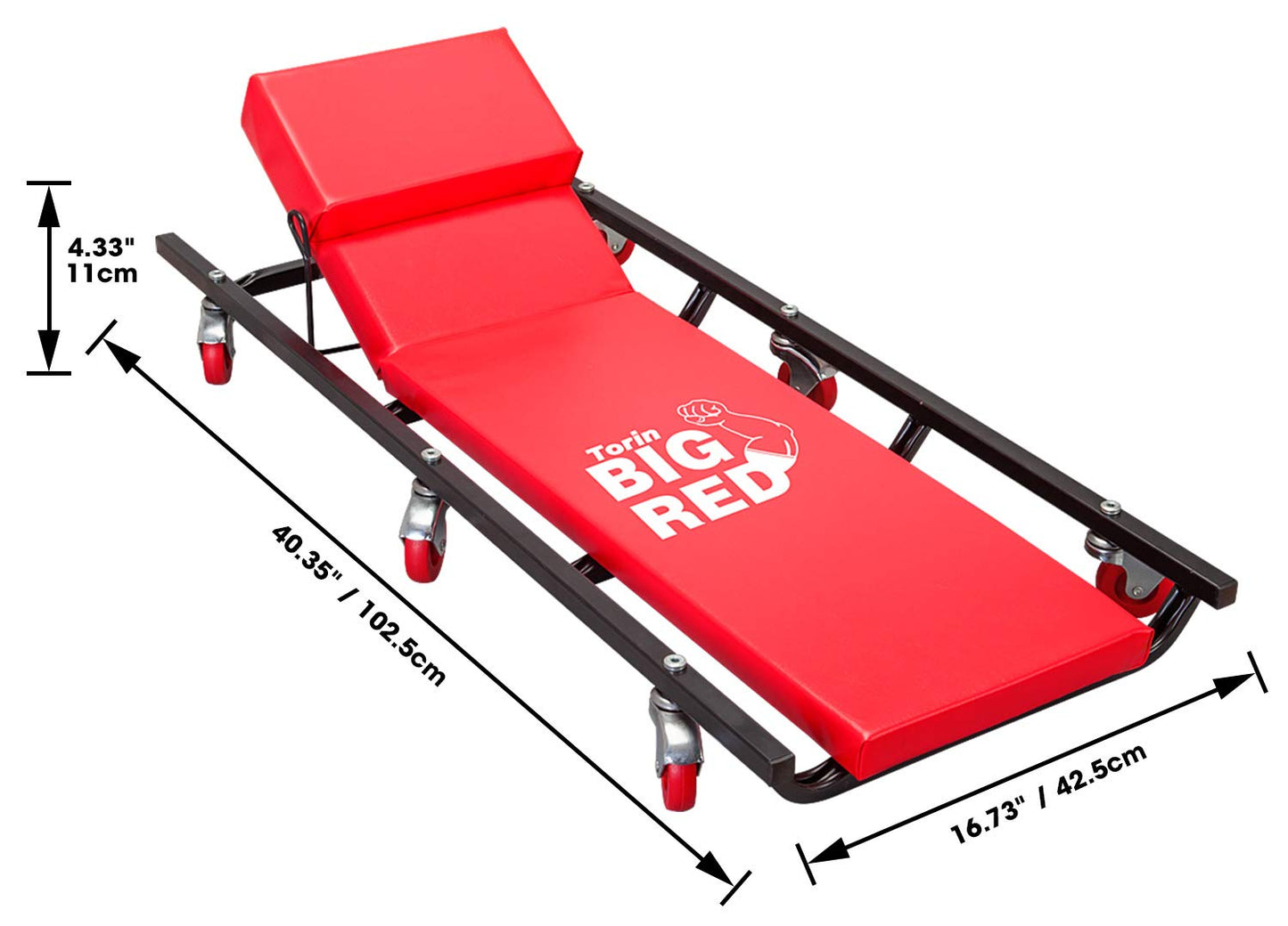 BIG RED TR6452 Torin Rolling Garage/Shop Creeper: 40" Padded Mechanic Cart with Adjustable Headrest and 6 Casters, Red