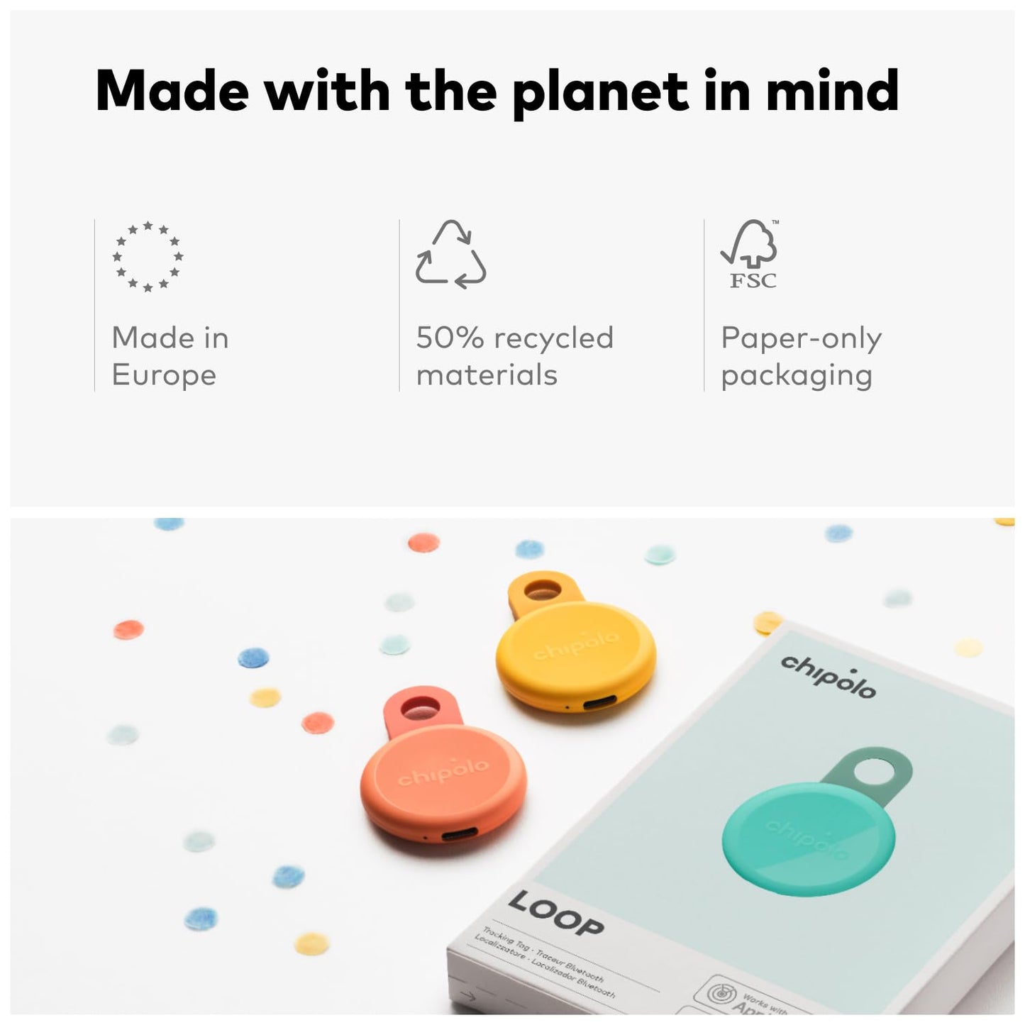 Chipolo LOOP - Rechargeable Bluetooth Tracker for Key and Pocket Location, Compatible with Apple or Google, Call Your Phone & Out of Range Alerts for Android