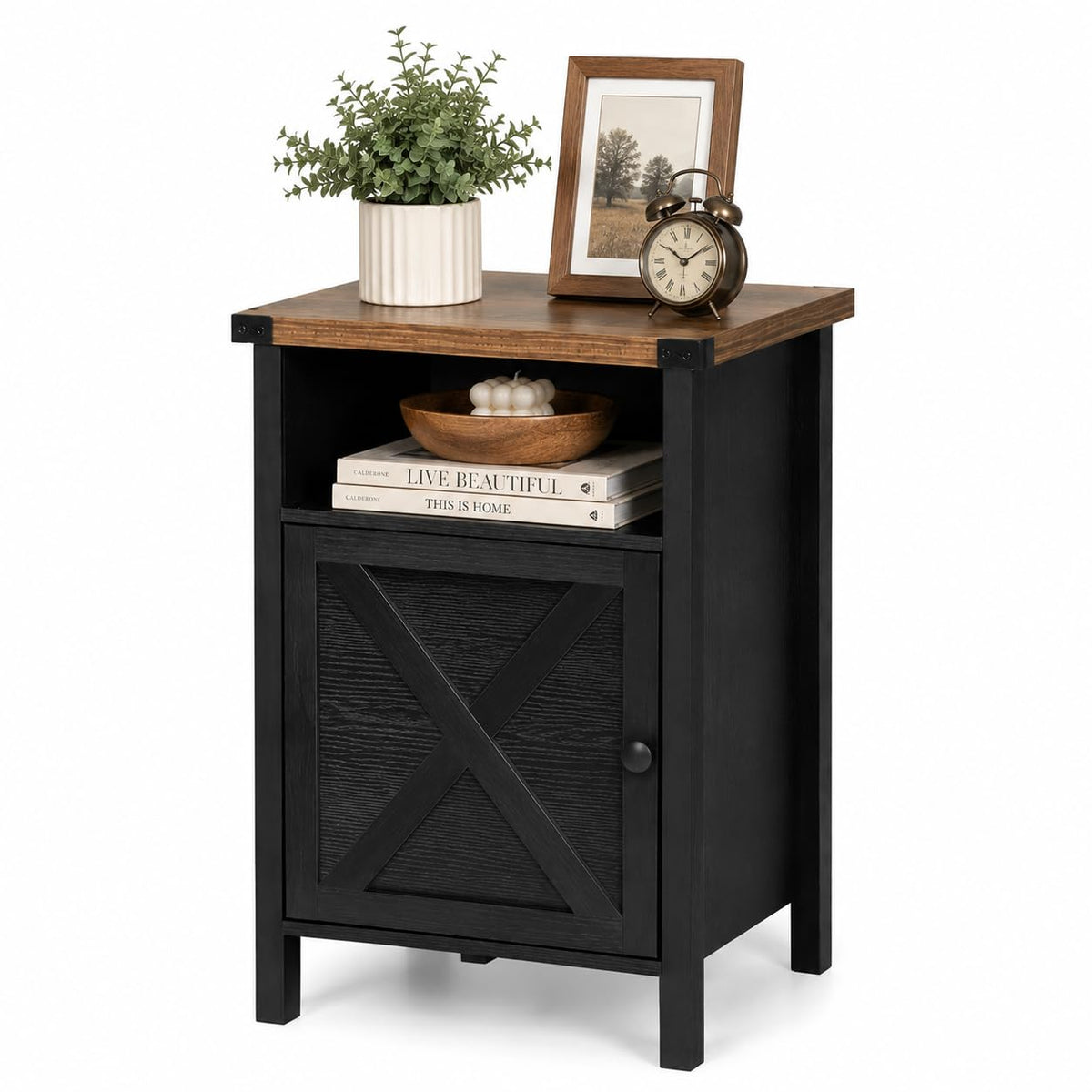 Black Farmhouse Nightstand, Side Table, End Table with Barn Door and Shelf, Rustic Modern Bed Night Stand for Bedroom, Living Room