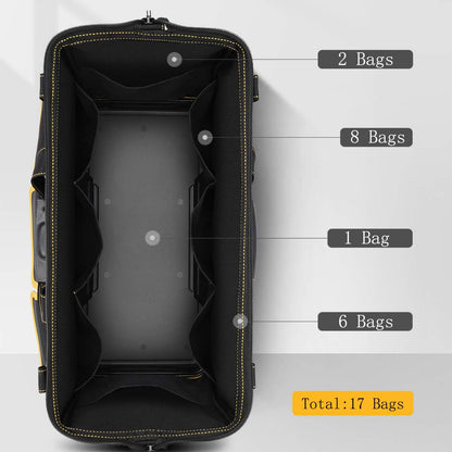 17-Inch Tool Bag Organiser, 43×17×25 cm, Muti-Purpose Wide Open Mouth Tool Storage Bag with Adjustable Shoulder Strap Tool Bag Organizer for Home DIY & Equipment Storage with Shoulder Strap