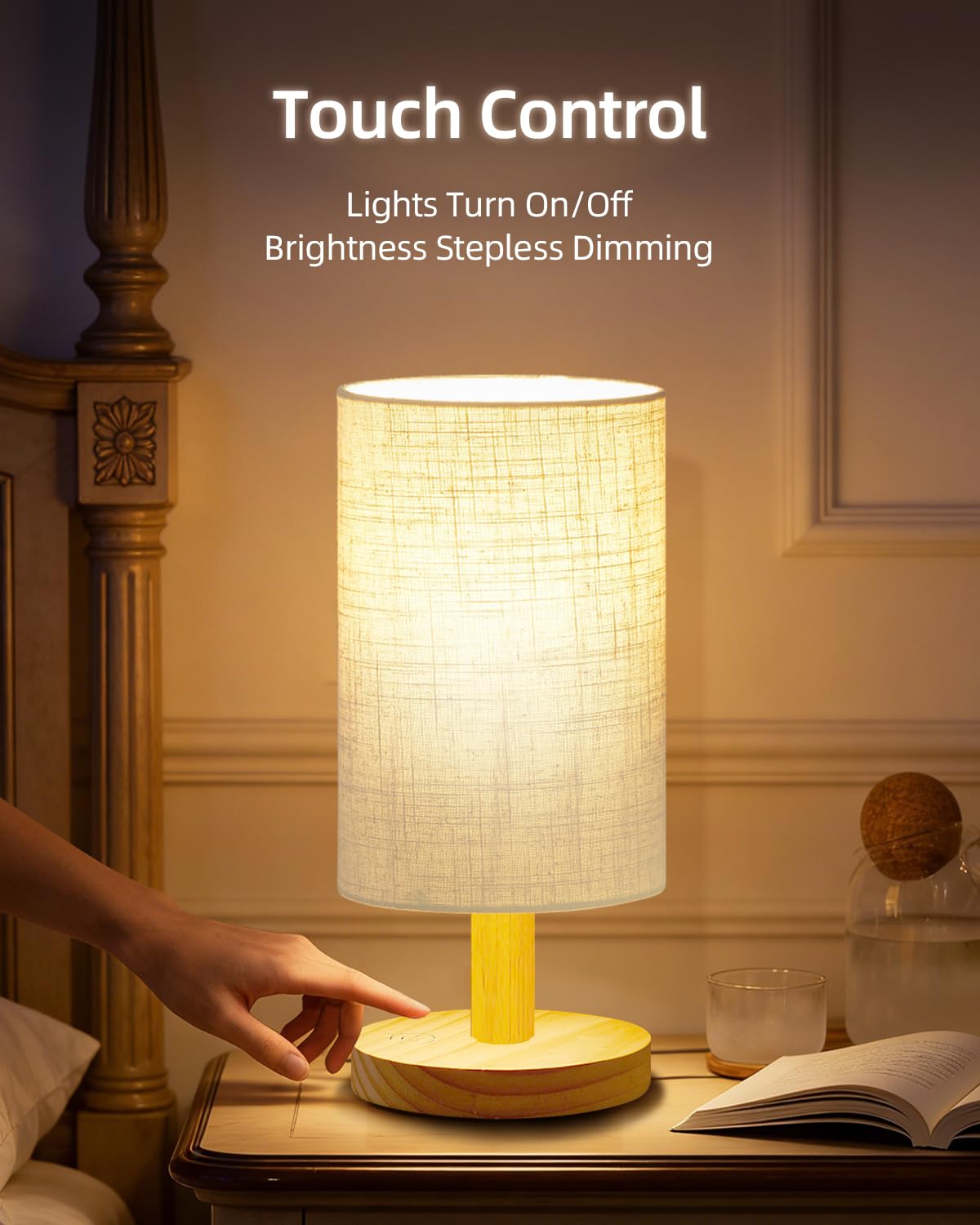 pickrelax Small Touch Table Lamp for Bedroom, Bedside Lamp for Warm Light LED Desk Lamp, Wood Base Round Flaxen Fabric Shade for Kids Room, Living Room, College Dorm, Home, Office