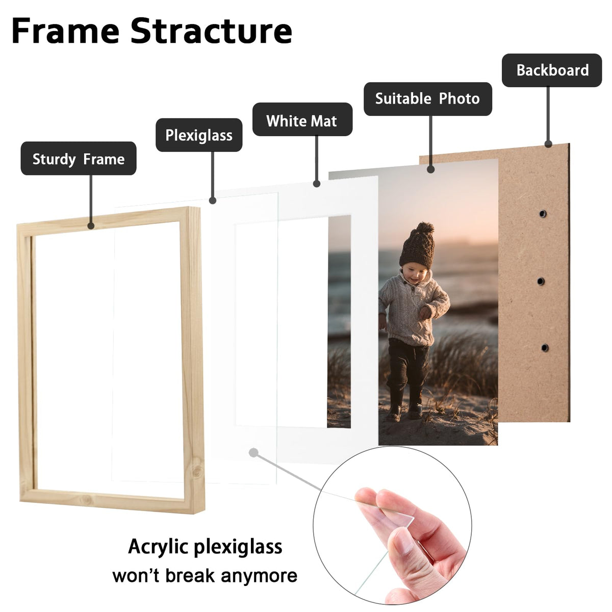 KINLINK 12x16 Picture Frame Wood Grain, Wooden 16x12 Photo Frames with Plexiglass for 11x14 Picture with Mat or 12x16 Without Mat, Perfect for Art Wall and Tabletop Display 12 x 16 frame Set of 4