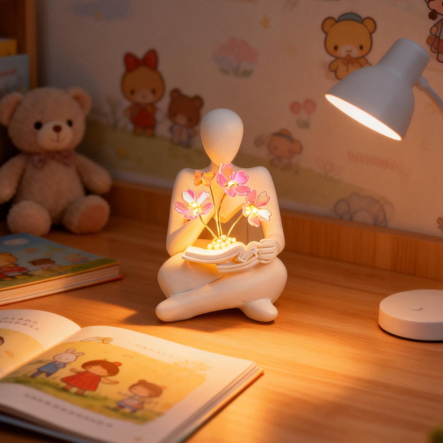 O-FarFarm Bookshelf Decor Thinker Statue with Blossom Lamp - Battery Powered Night Light & Modern Adornos para Sala, Reading Nook Lighting - Gift for Adults and Art Collectors