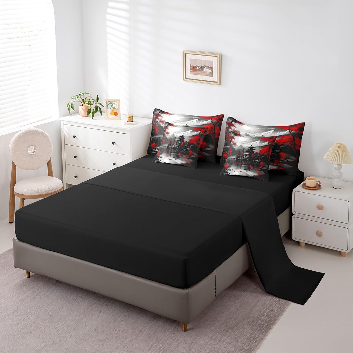 Erosebridal Japanese Style Queen Bedding Set 7 Piece,Cherry Blossom Comforter Set with Sheets,Red and Black Oriental Bed Set Vintage Mountain Scene Bed in a Bag with Fitted+Flat Sheet,Pillowcases