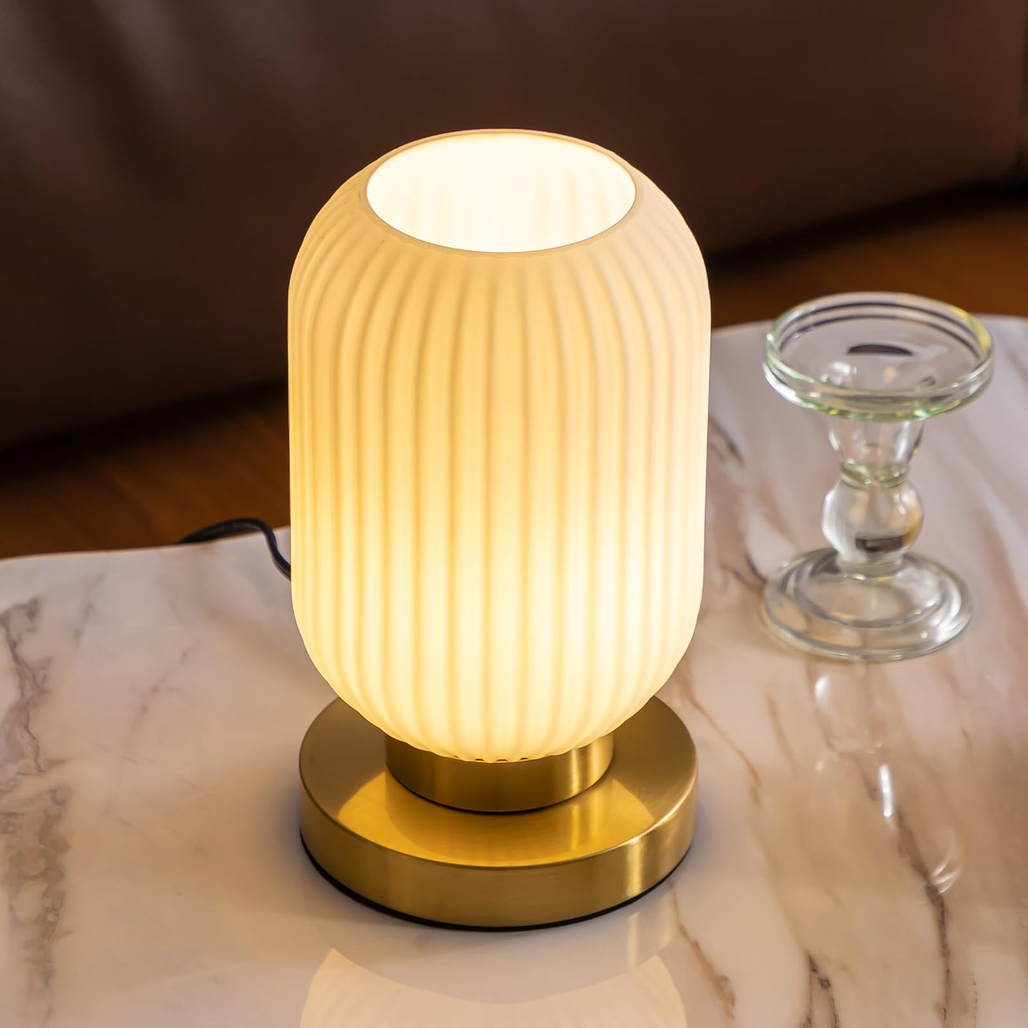 HSMKL Modern Ribbed Glass Table Lamps Mid Century Bedside Light Small Nightstand Lamp with Plug-in Style, E26 Ambient Lighting for Bedroom Living Room Tabletop, Milky White