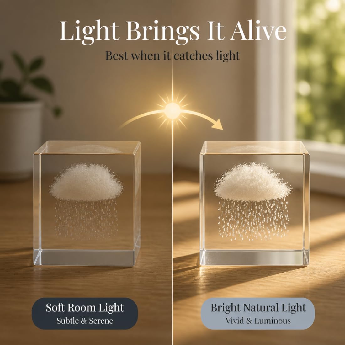 Crystal Cloud Rain Cube - 3D Laser Engraved Paper Weight - Aesthetic Cute Glass Sculpture for Desk Shelf Sitter Decor, Office - Small Gifts Accessories for Coworkers Stress Relief (Rain Cloud 3.2")