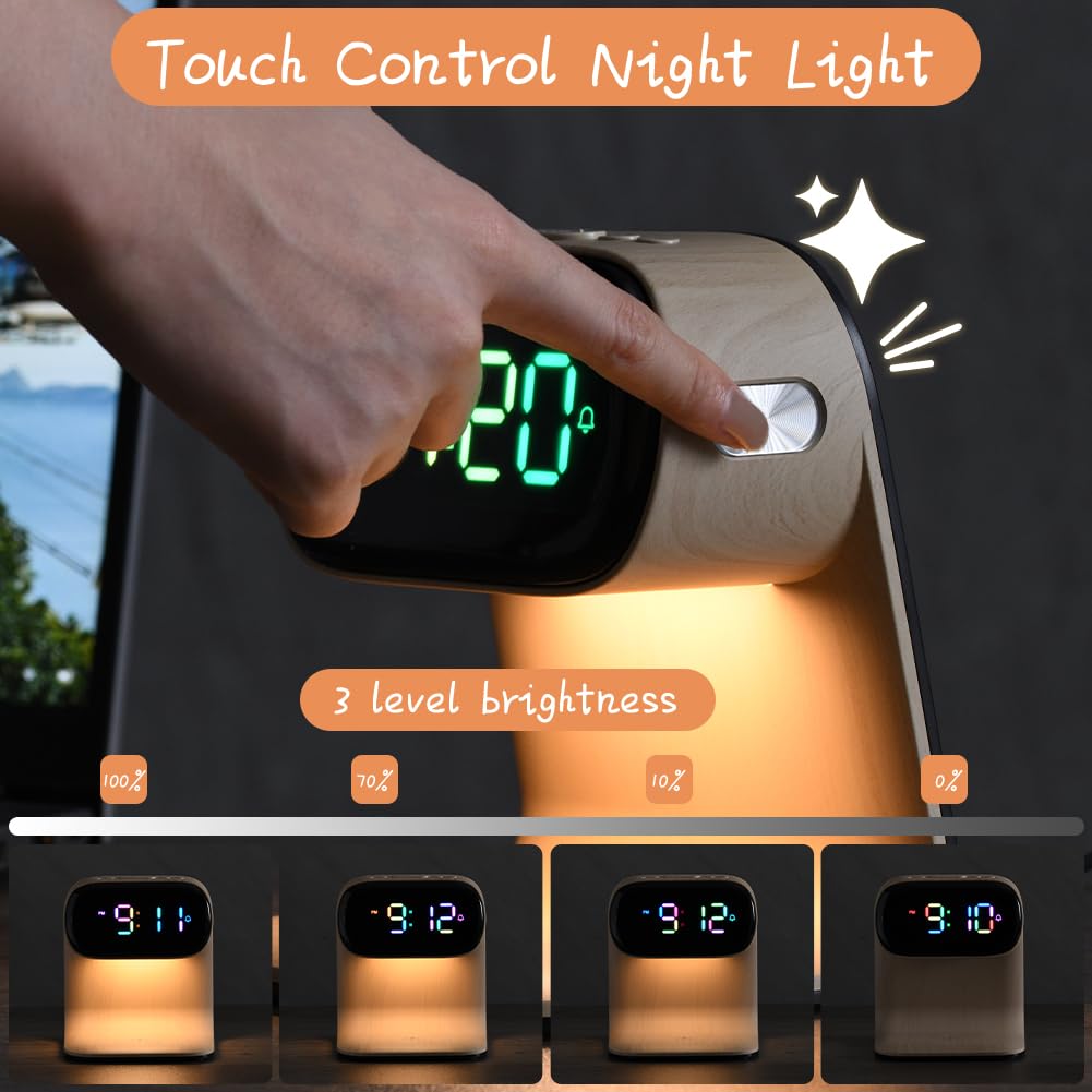 WILIT Digital Alarm Clock with Wireless Charging for Bedroom,Colorful LED Display,Dimmable Night Light with Snooze Function,Modern Bedsides Lamp Clock for Bedroom,Kids,Teens,Gift for Men, Women(Wood)