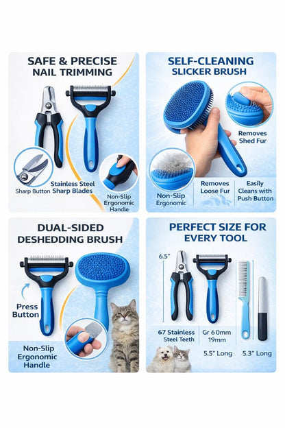 Dog Grooming Kit 6-in-1 for Heavy Shedding – Professional Pet Grooming Tools Set, Complete Home Care Kit with Deshedding Rake, Slicker Brush, Nail Clipper, Bath Brush & Flea Comb for Dogs & Cats