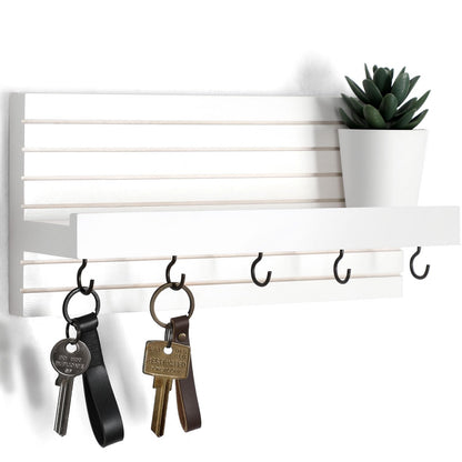 Lwenki Decorative Key Holder for Wall with Shelf, Entryway Shelf with Hooks Holds Leashes, Jackets and Glasses – Sturdy Wood Keyholder Entrance Hanger with Mounting Hardware (White, Medium)