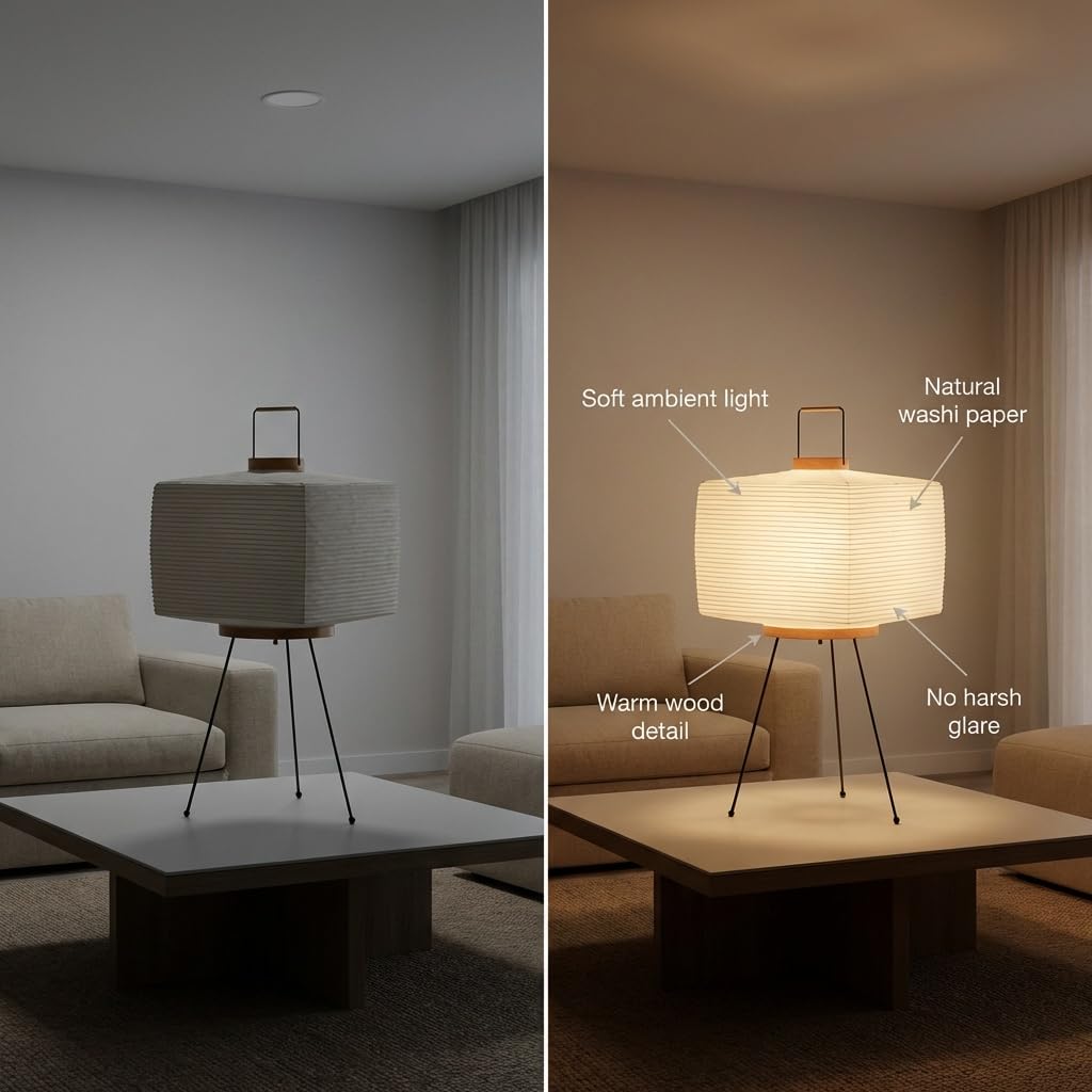 Akari Noguchi Japanese Paper Floor Lamp • Rice Paper Lantern Lamp • Japanese Japandi Floor Lamp for Soft Ambient Lighting