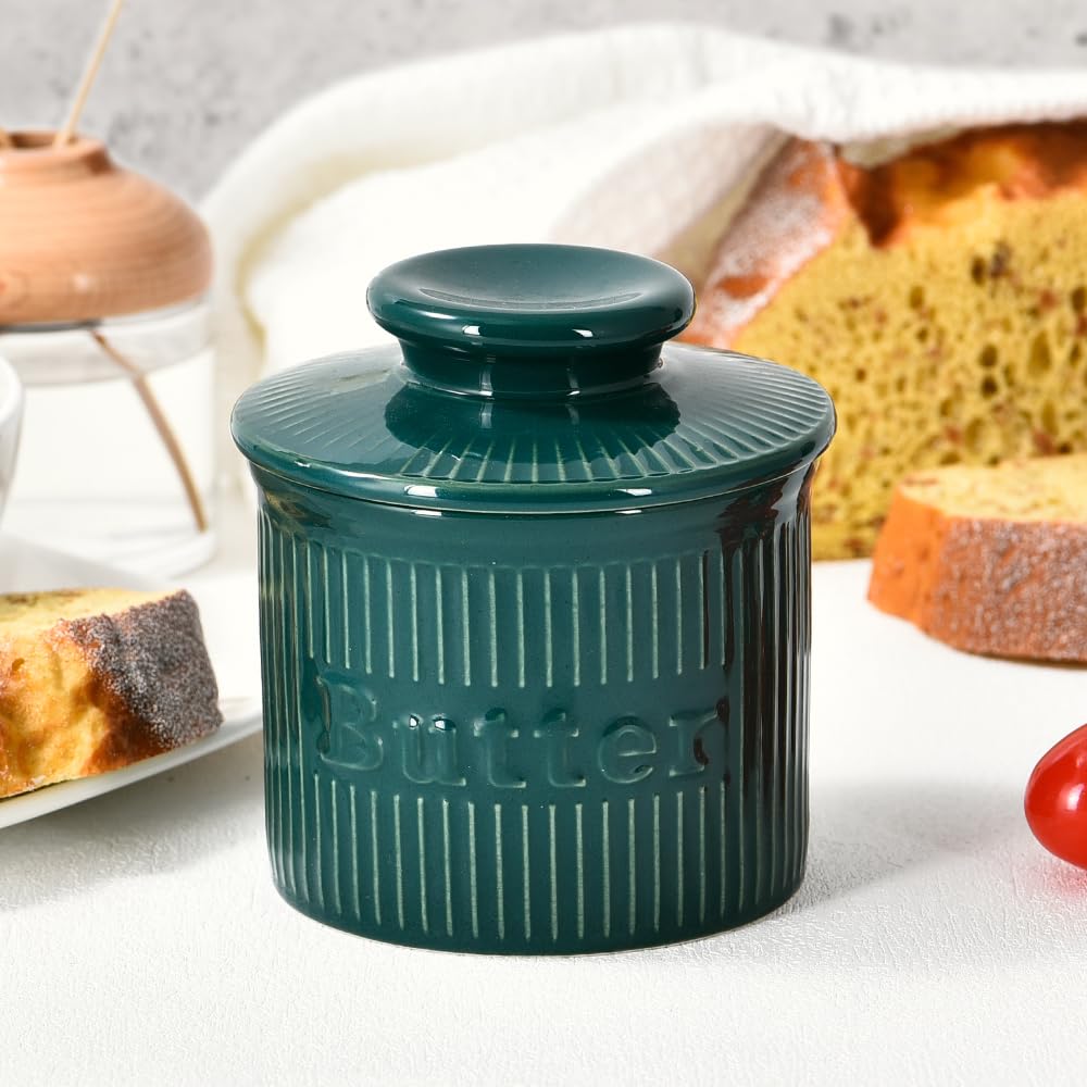Ceramic Butter Crock, French Butter Dish for Fresh Spreadable Butter, Ribbed Butter Keeper with Water Line, Housewarming Gifts, Christmas Kitchen Decor