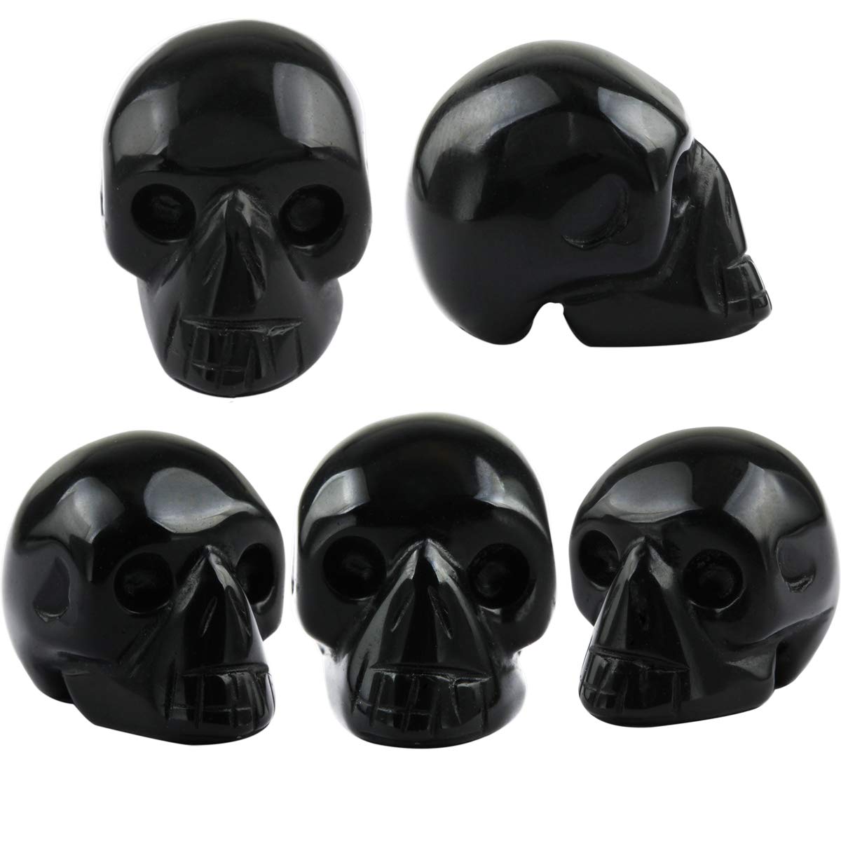 SUNYIK Black Obsidian Carving Skull Stone Pocket Statue Figurine Decor 1" Pack of 5