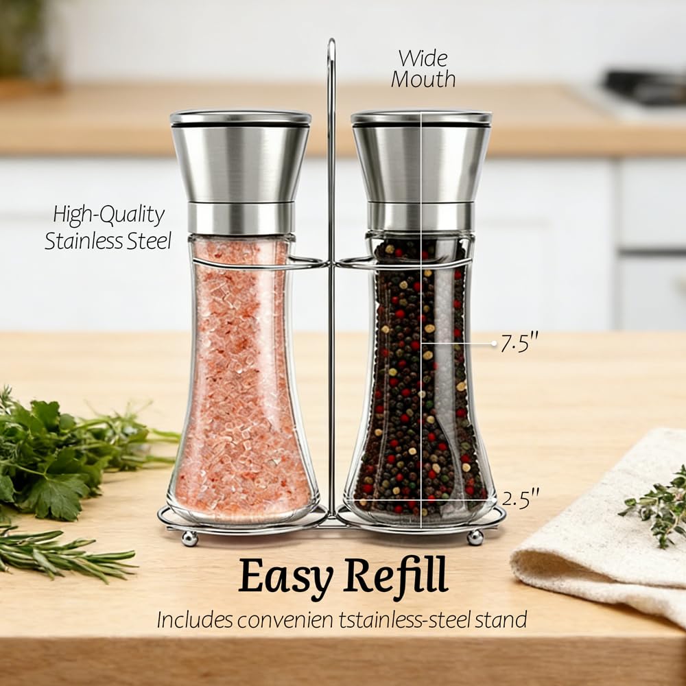 Salt and Pepper Grinder Set, 2-Piece Set, Stainless Steel Material, Adjustable Granularity, Sea Salt Grinder and Pepper Grinder Can Be Refilled, With Stand and Cleaning Brush