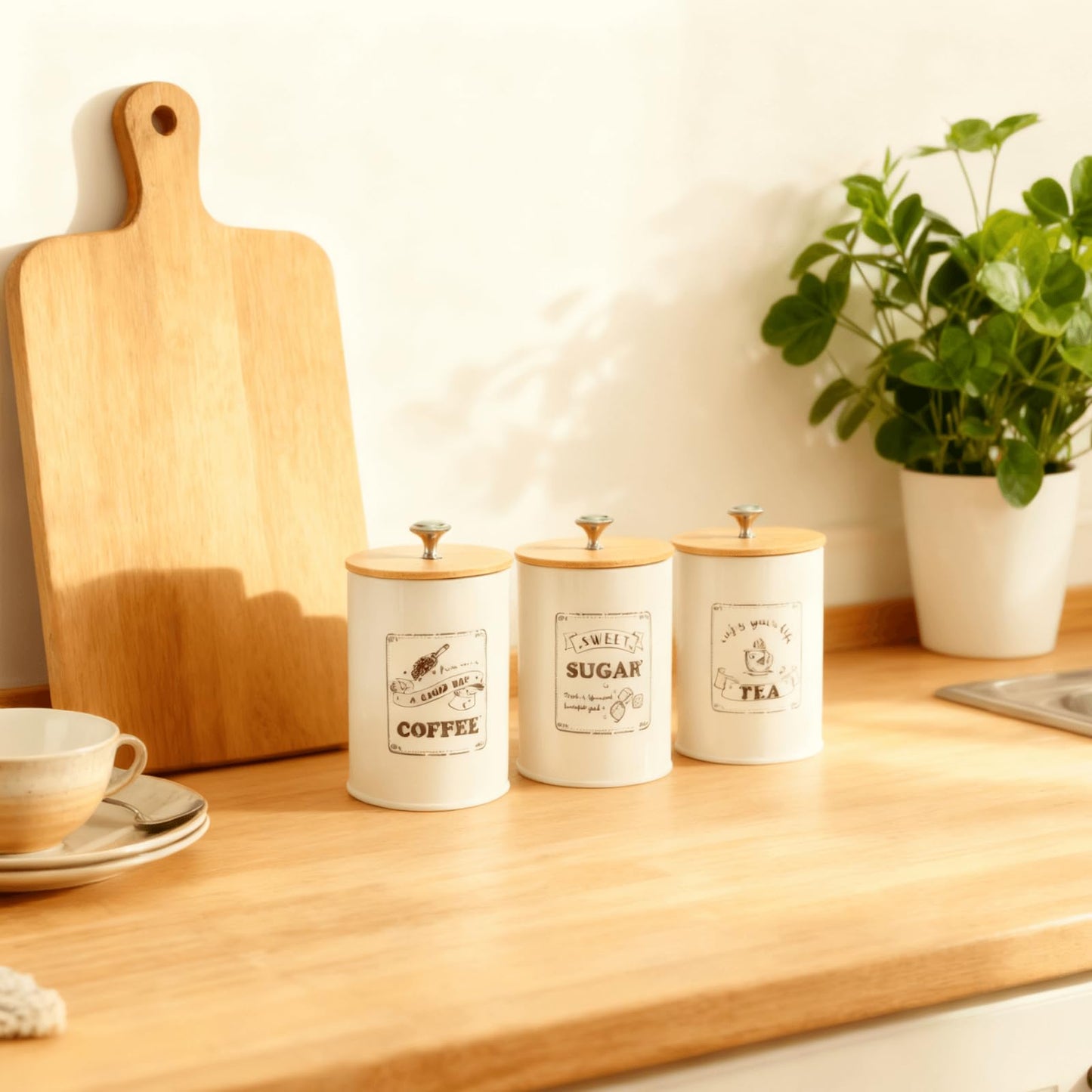 Youeon Metal Canisters Sets for the Kitchen, 40 Oz Coffee Sugar Tea Container Set, Farmhouse Style, Food Storage Containers with Lids for Countertop, Cabinet, Coffee Bar Decor, Beige