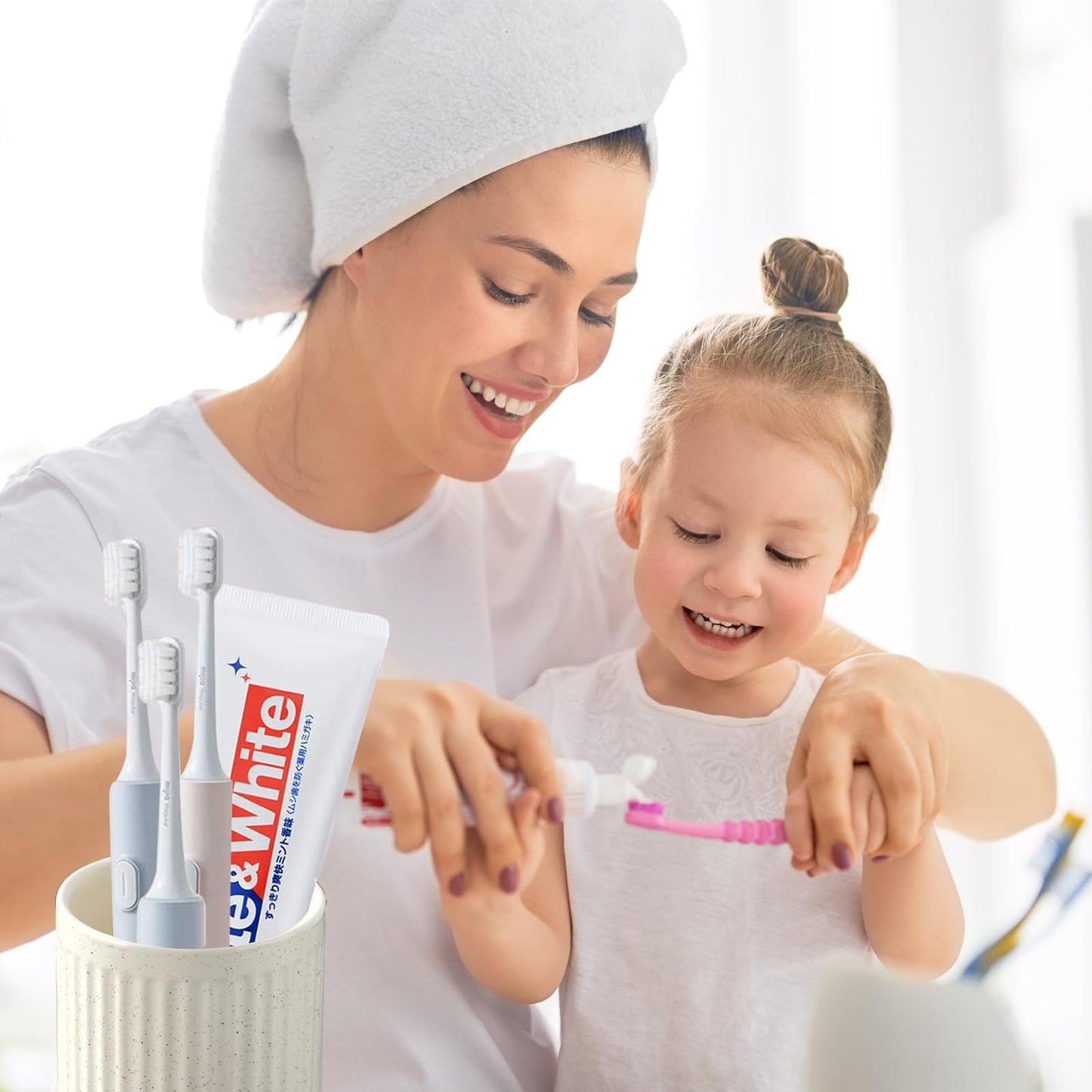 BSDISP Toothbrush Holders - 2 Cup Ceramic Toothbrush Toothpaste Holders Set, Beige Bathroom Tumbler Cups Reusable Toothbrush Mouthwash Cup, Bathroom Counter Organizer