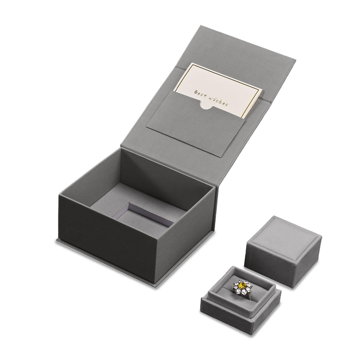 Papten Velvet Ring Gift Box with Outer Packaging Box, Included Blank Greeting Card, Perfect for Wedding Proposal Engagement (Grey)