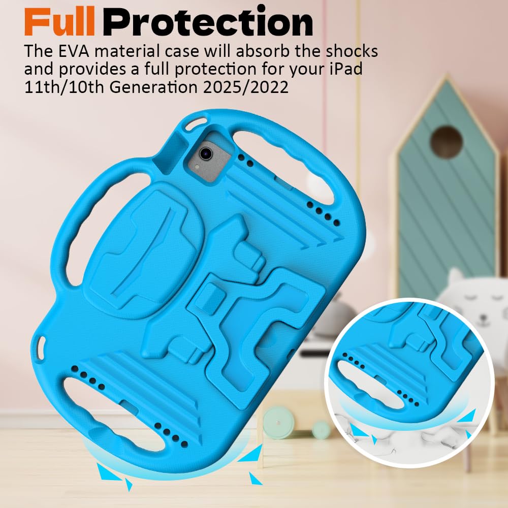 Surom Kids Case for New iPad A16 11th Generation 11-inch 2025/10th Generation 2022 & Air 11" (M3/M2) 2025/2024 & Air 5th/4th Gen & Pro 11, Shockproof Case with Shoulder Strap Handles Stand, Blue