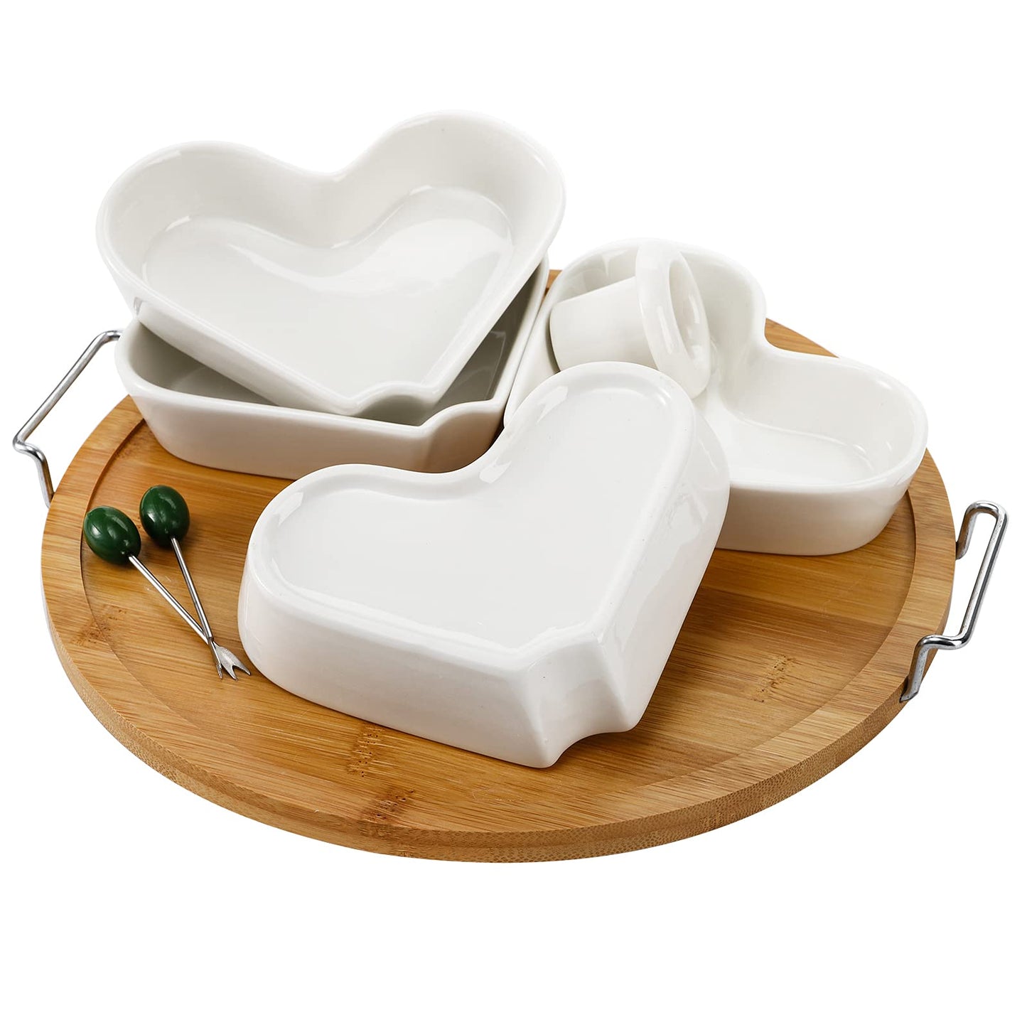 ZEAYEA 11 Inch Appetizer Serving Tray with Holder, Ceramic Divided Serving Platter with Food Picks for Christmas, Relish Tray for Chips and Dip, Veggies, Candy and Snacks, Parties, White