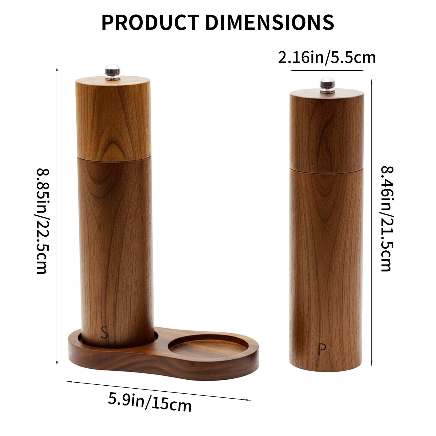 Amestar 8 Inch Acacia Wooden Salt and Pepper Grinder Set, Refillable Salt and Pepper Mills Adjustable Coarseness, Salt and Pepper Shakers Matching Wooden Tray, Spice Grinder for Kitchen