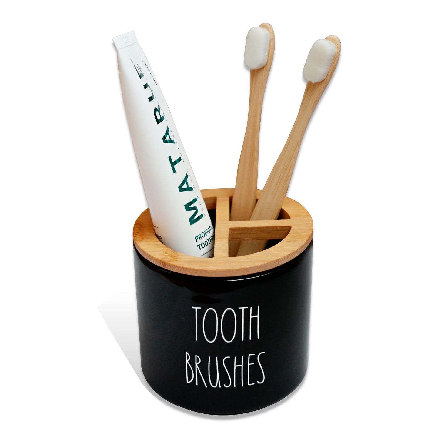 Toothbrush Holders for Bathroom, Farmhouse Tooth Brush Holder, Ceramics Tooth Brushing Stand with Bamboo Lid, Electric Toothbrush Holder, Cute Shower Toothbrush Toothpaste Holder Set (Black)