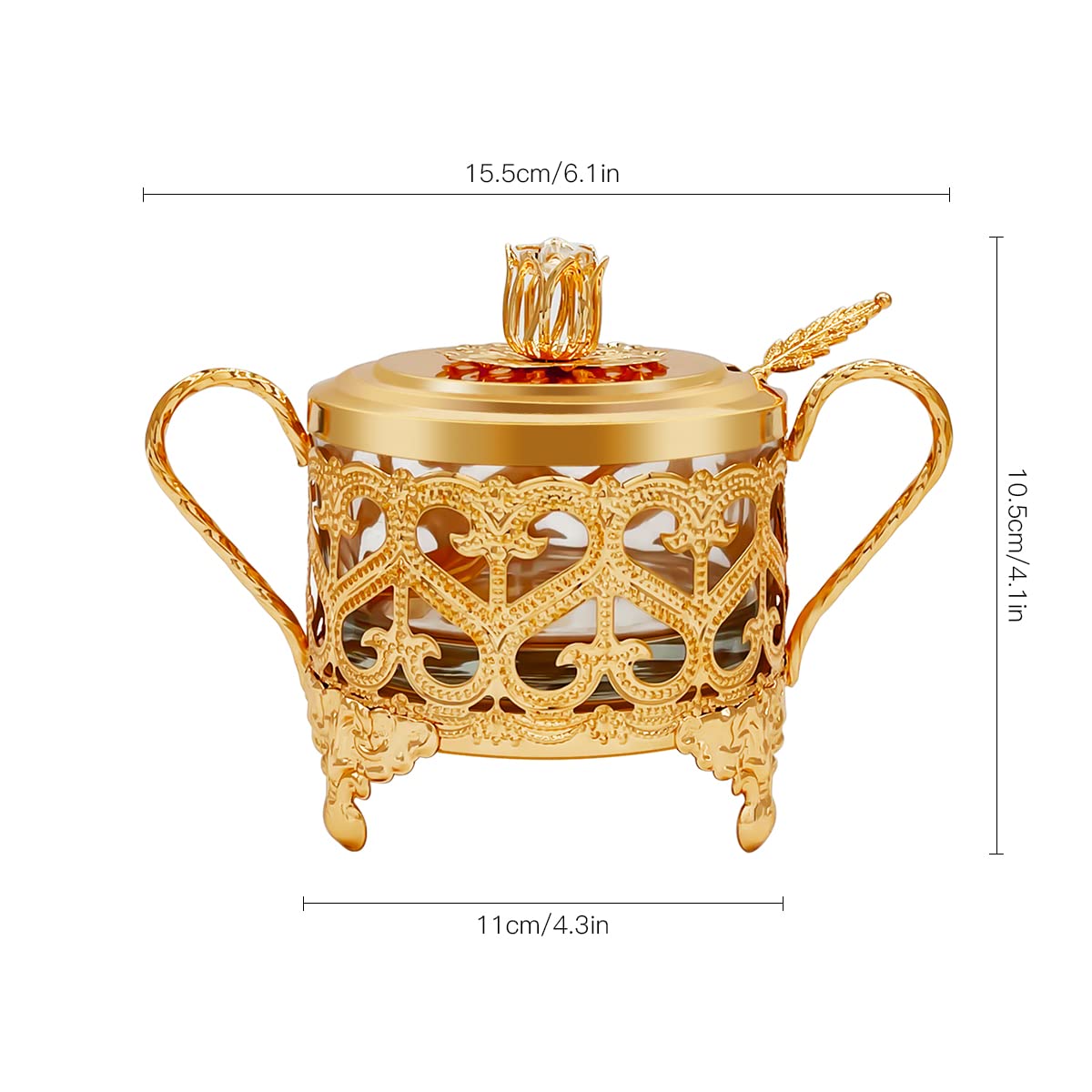 Flylin Sugar Bowl, Turkish Sugar Bowl Sugar with Sugar Spoon and Lid Dual Holder Bowl Condiment Pot Spice Glass Jar Coffee Bar Accessories Sugar Container for Home and Kitchen