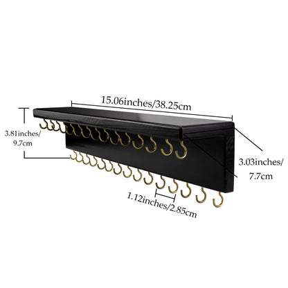 SANY DAYO HOME Black Necklace Holder Jewelry Organizer with 30 Hooks, 15 x 3 x 4 inches Wall Mount Rustic Pine Wood Shelf for Necklace, Hair Bow Storage