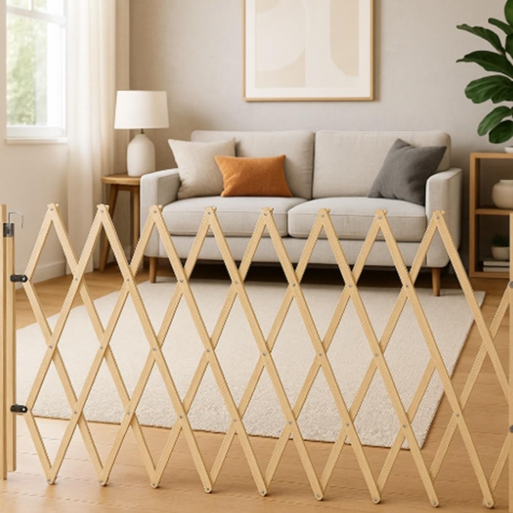 Bettacare Expandable Pet Barrier, 60cm - 108cm, Natural, Wood, Retractable Dog Safety Gate, Barrier for Puppy and Dog