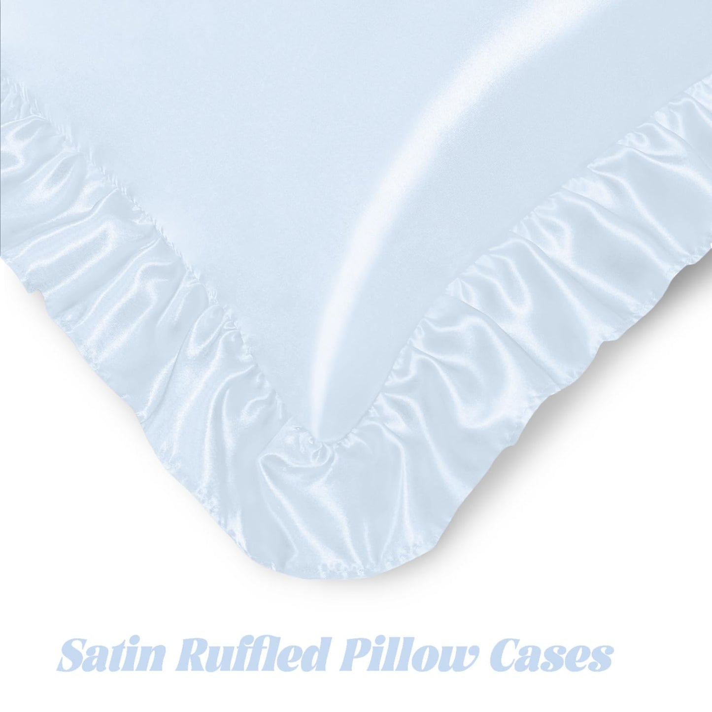 Homiest Ruffled Satin Sheets Full Size 6pc Set - Light Blue Bed Sheet Set with 15 Inch Deep Pocket Fitted Sheet, 1 Flat Sheet, 2 Ruffled Pillow Shams & 2 Pillowcases, Similar to Silk Sheets