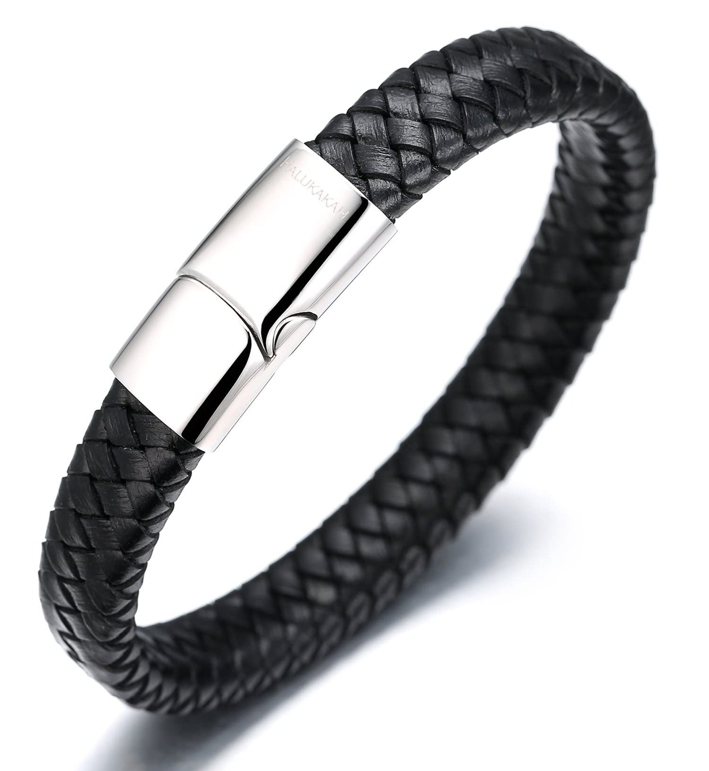 HALUKAKAH Kids ● Solo Junior ● Boy's Genuine Leather Bracelet Classic Black 6-12 Y/O. Titanium Magnetic Clasp 7"/18cm,Free Giftbox