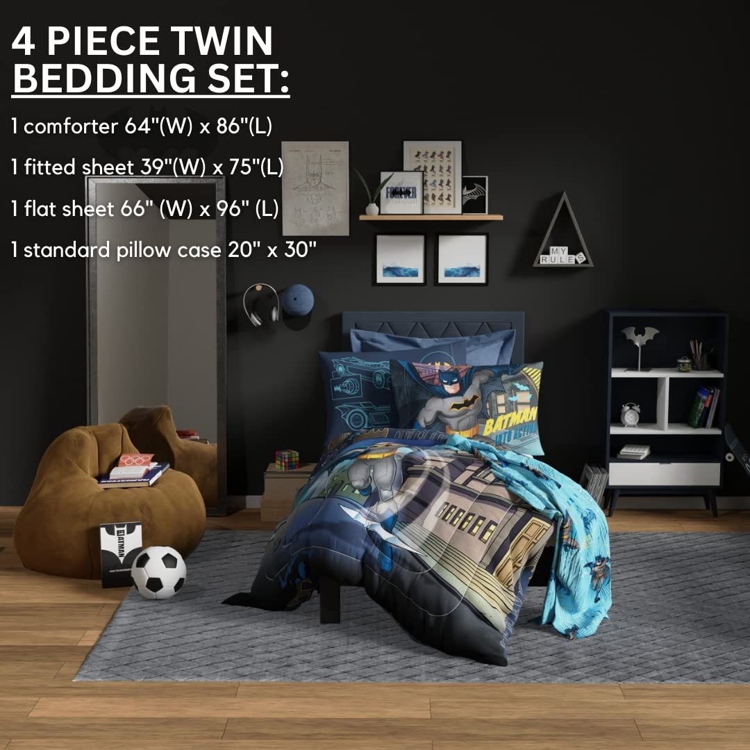 Franco Kids Bedding Super Soft Comforter and Sheet Set, 4 Piece Twin Size, Batman